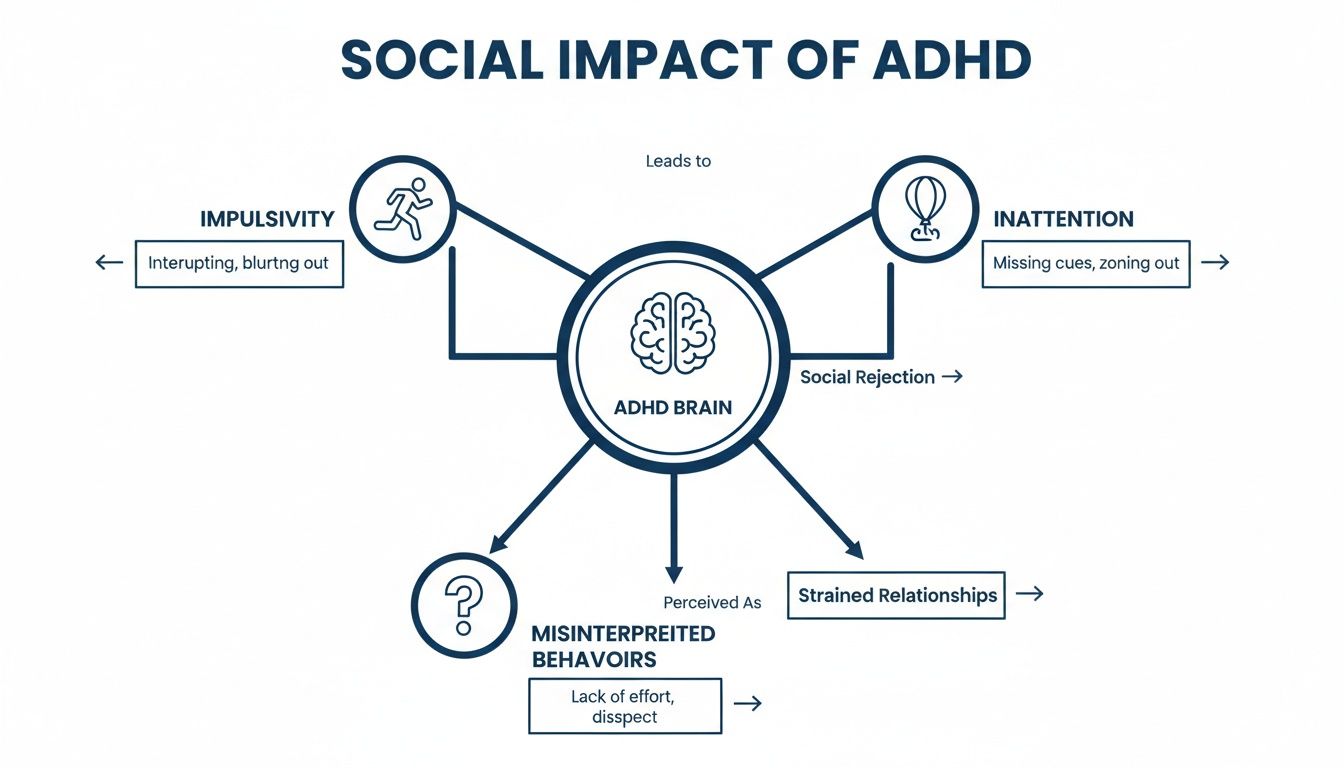 Diagram illustrating the social impact of ADHD, linking brain function to various behaviors and relationship challenges.