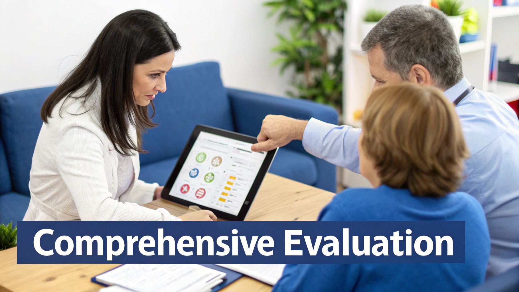 A woman and two clients review evaluation data on a tablet with a man pointing at the screen.