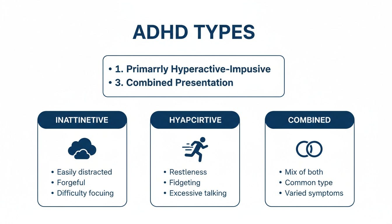 Infographic illustrating three ADHD types: Inattentive, Hyperactive, and Combined, with key symptoms.
