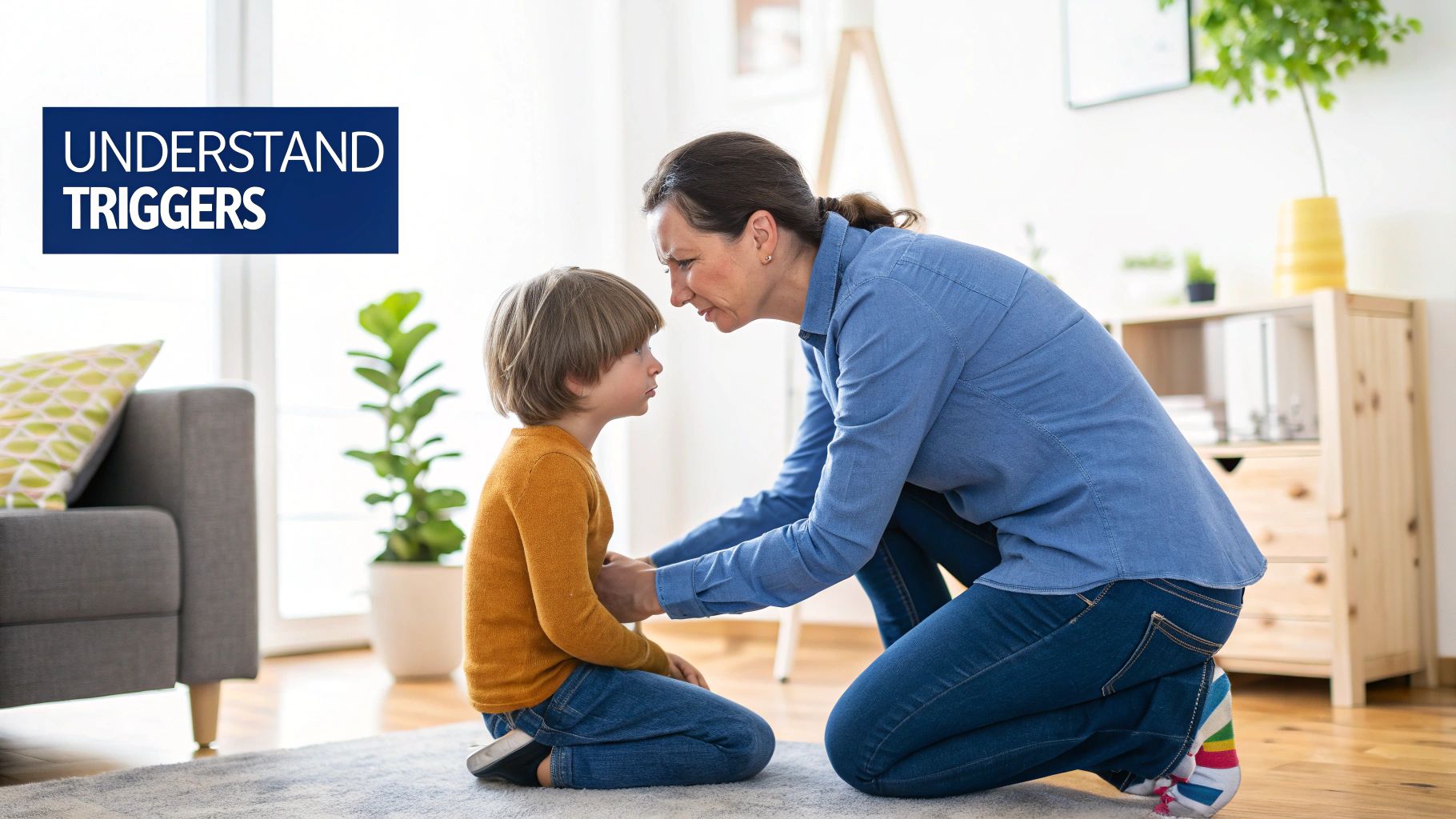 A serious woman kneels to talk face-to-face with a young boy, emphasizing communication.