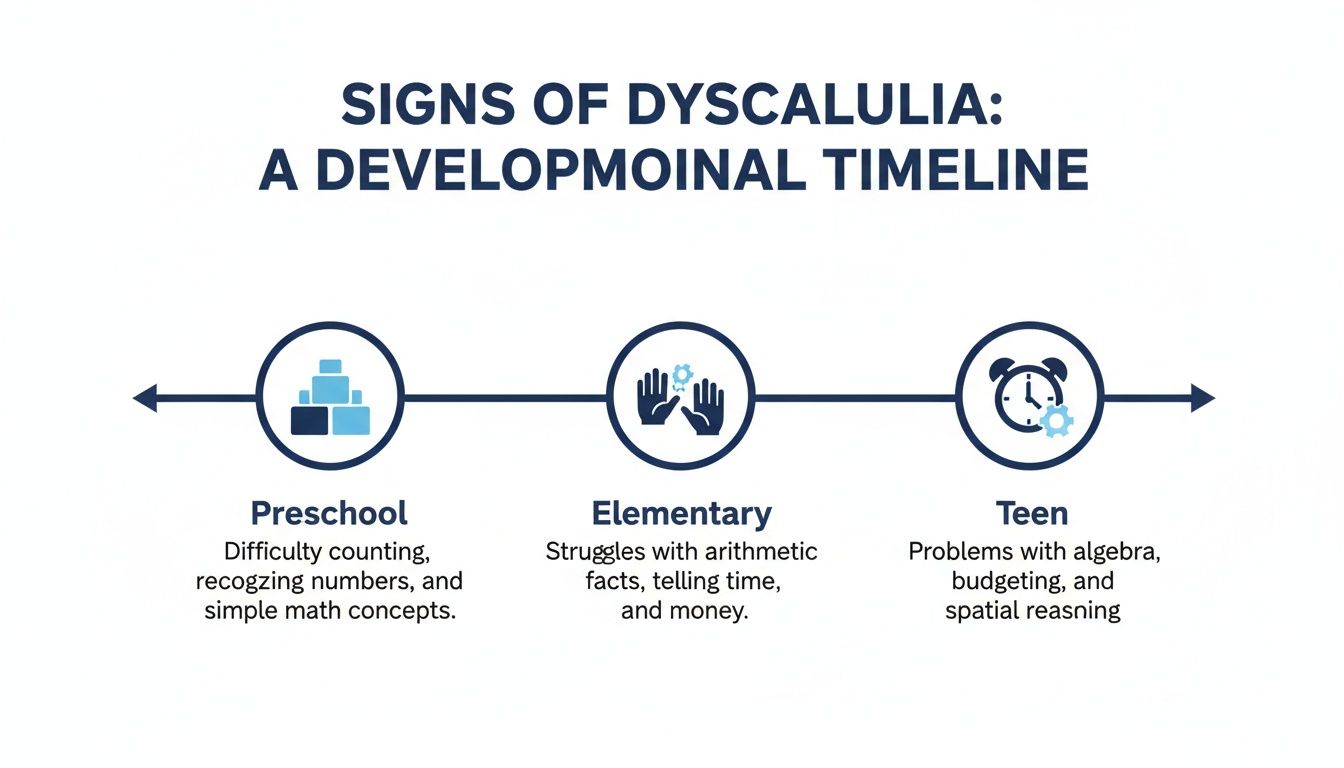 A developmental timeline illustrating signs of dyscalculia from preschool through elementary and teen years.