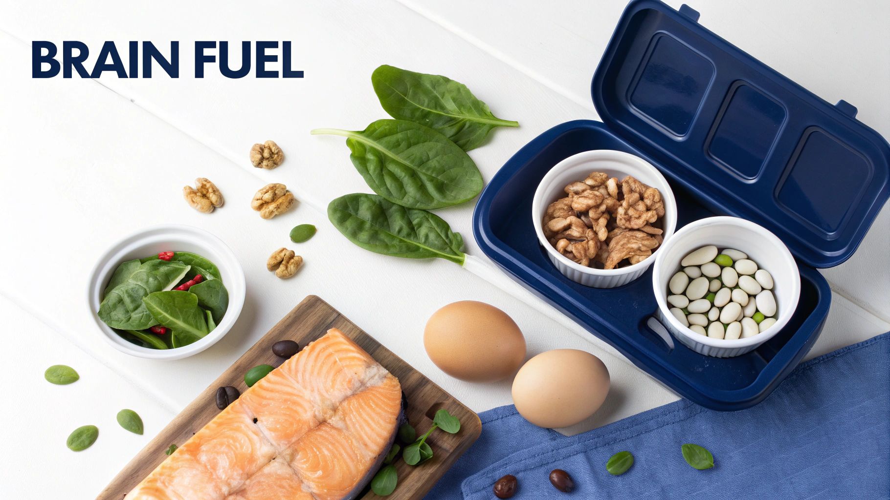 Nutritious meal prep featuring salmon, eggs, walnuts, spinach, and beans for brain fuel.