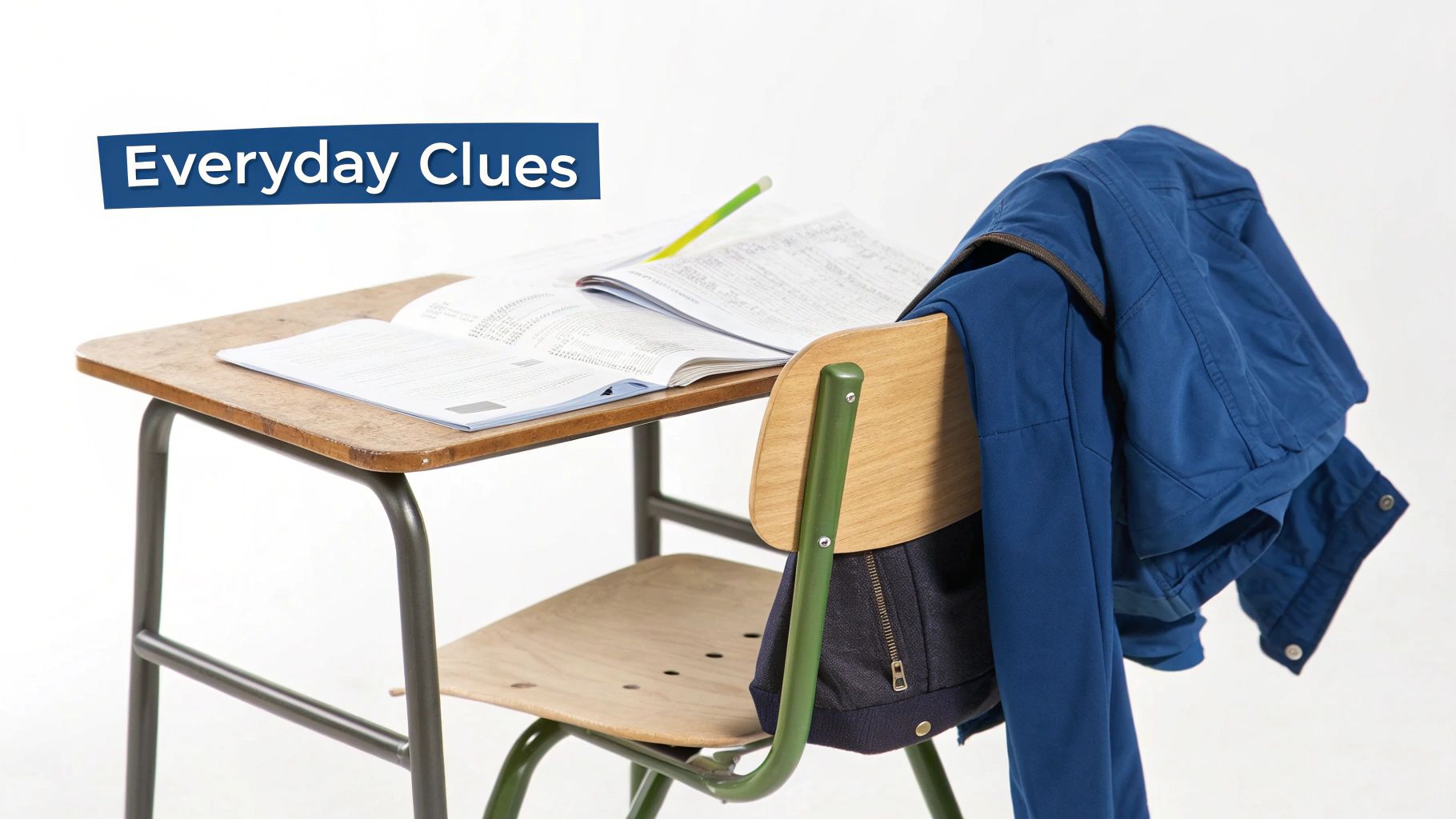 A school desk with an open textbook, a pencil, and a blue jacket hanging on the chair.
