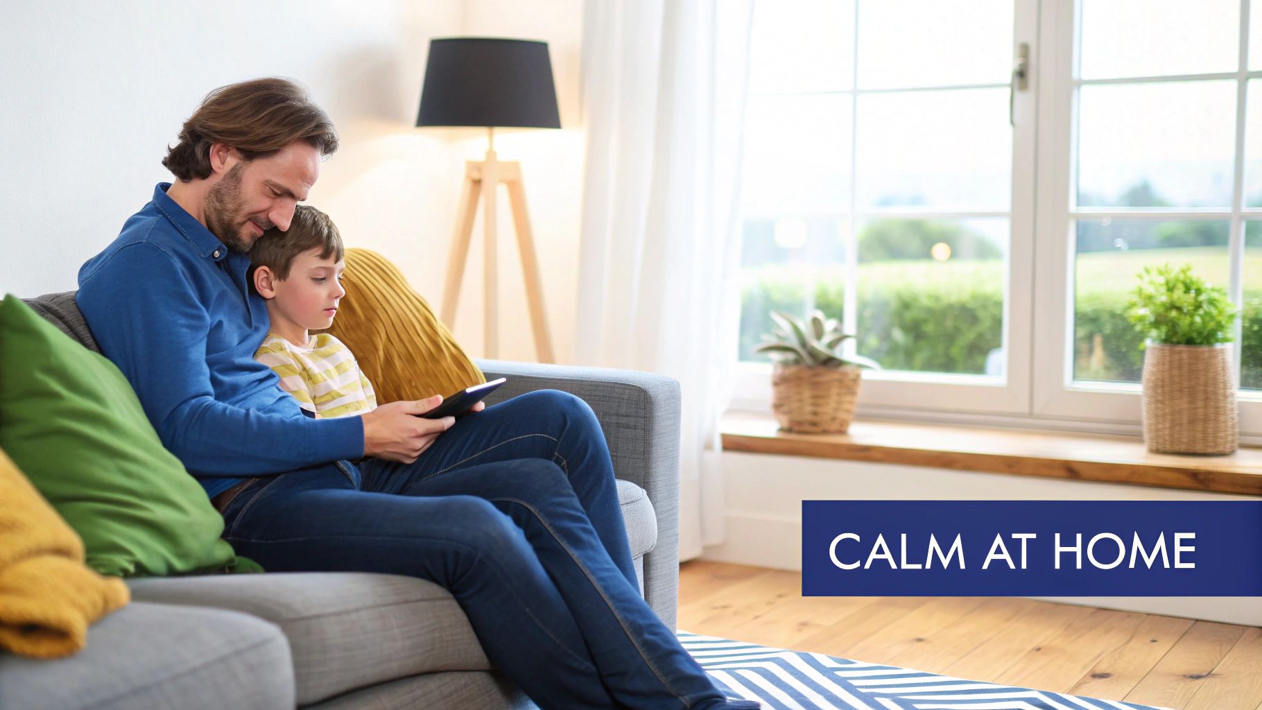 A father and son relax on a couch, looking at a tablet together in a bright living room.