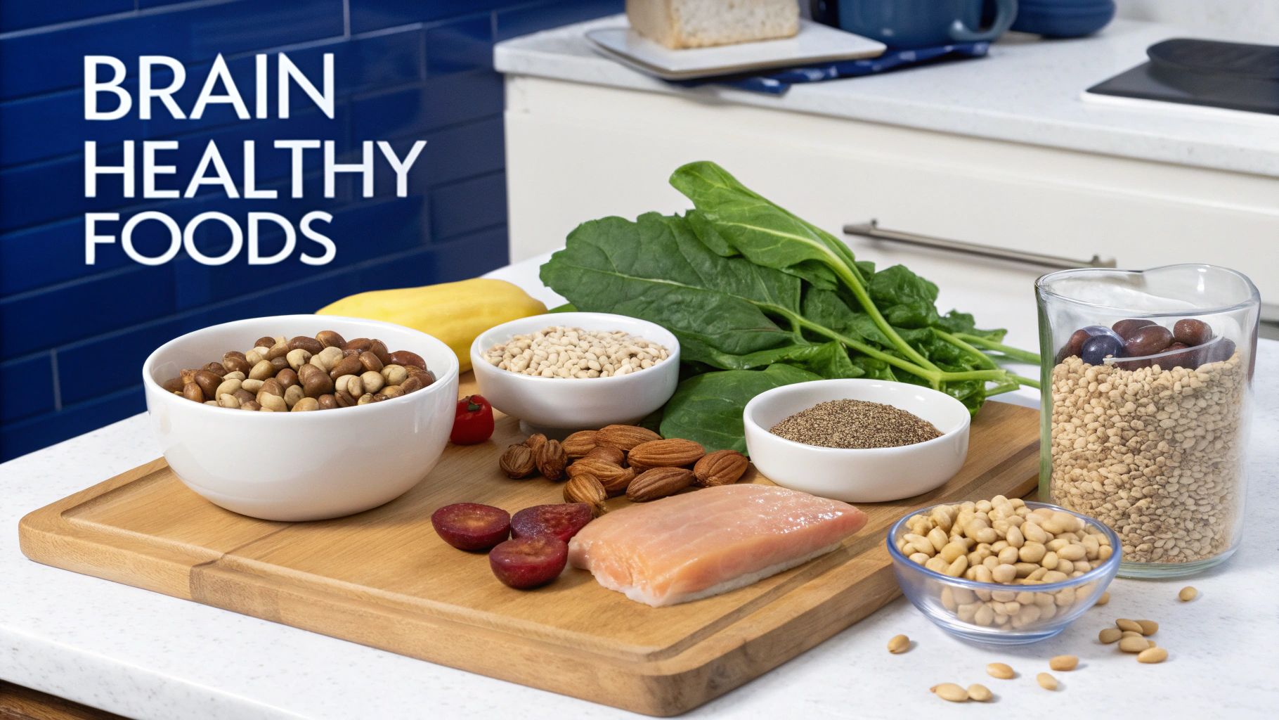 A kitchen counter with a cutting board displaying diverse brain-healthy foods including salmon, nuts, seeds, and spinach.