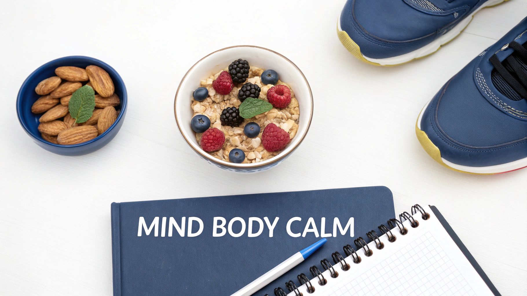 Overhead view of healthy breakfast, nuts, athletic shoes, and a "MIND BODY CALM" journal.
