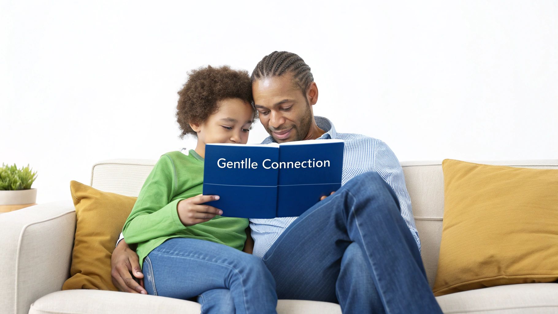 A man and a child share a gentle connection, reading a book together on a comfortable sofa.