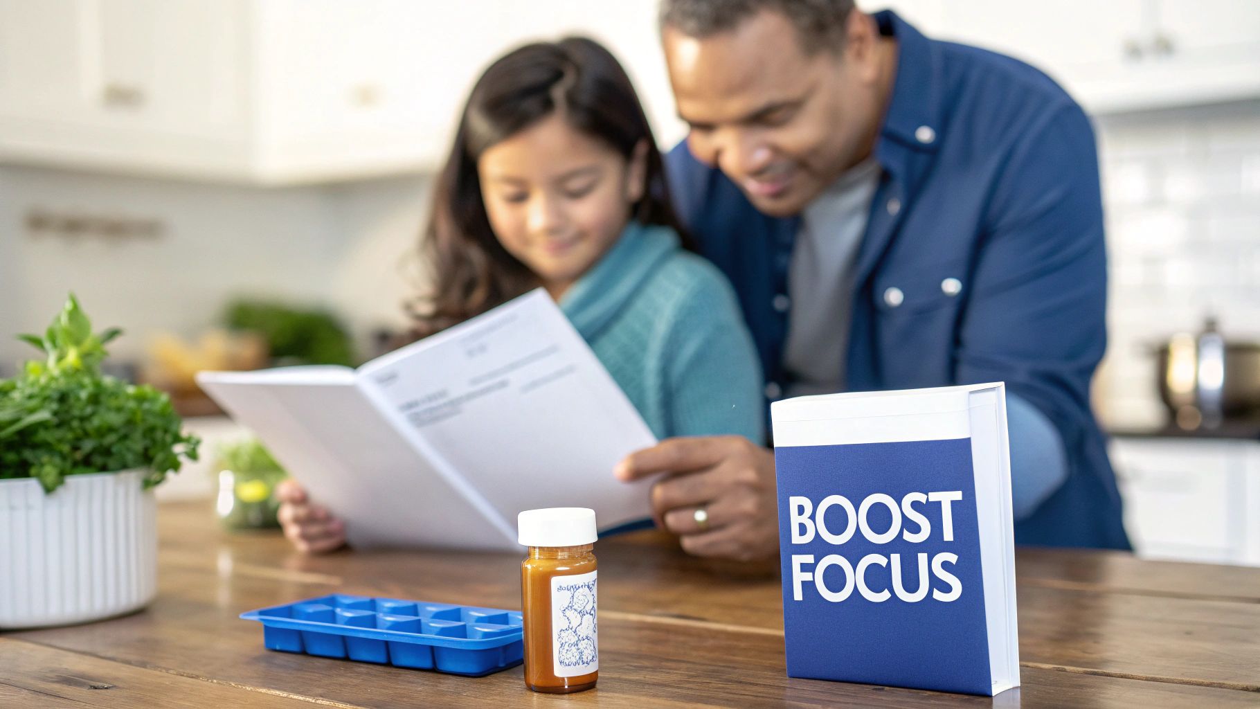 A father and child read together, a 'BOOST FOCUS' box and supplement bottle on the wooden table.