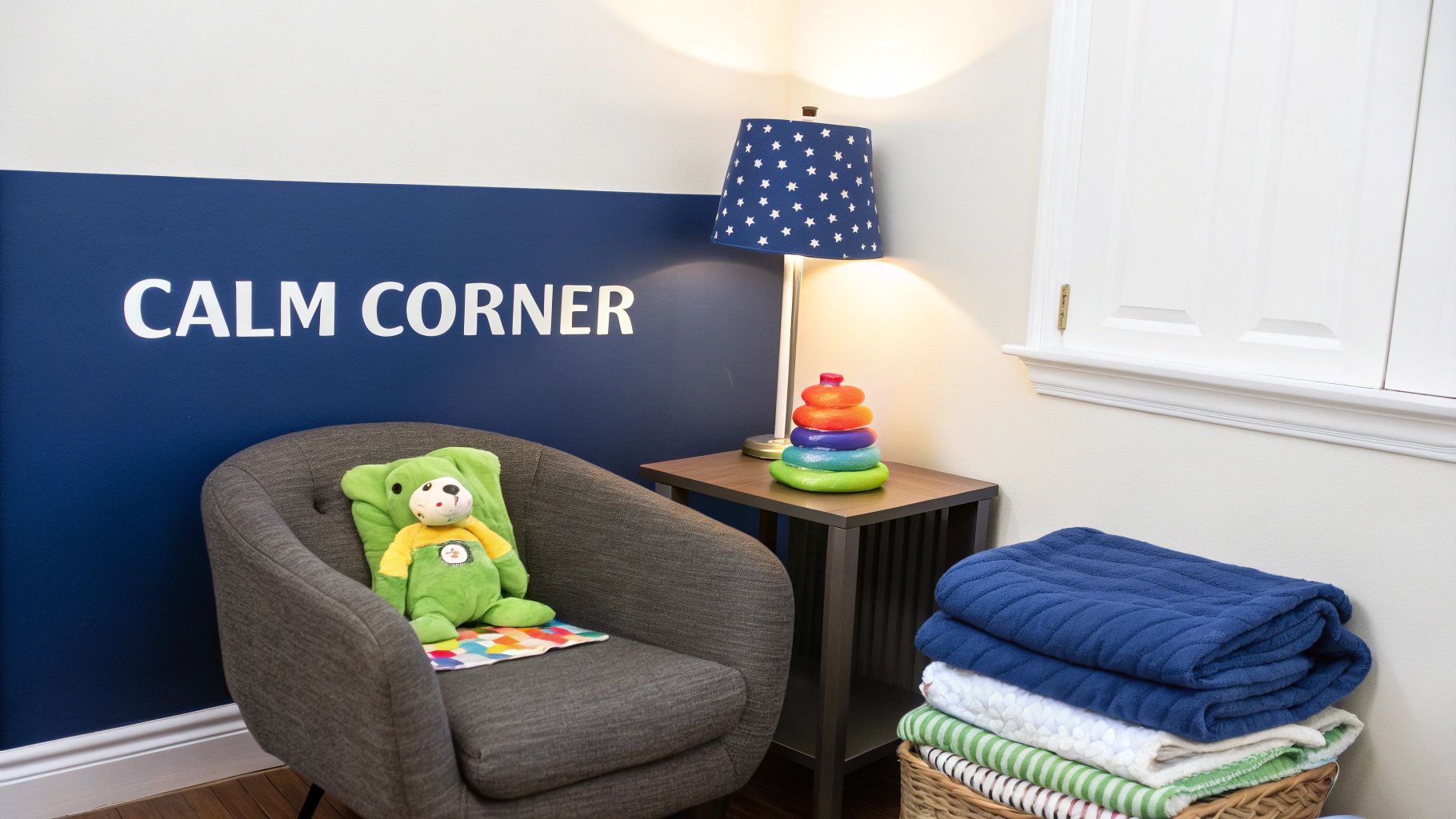 A cozy 'CALM CORNER' with a gray armchair, blue lamp, colorful toys, and blankets for relaxation.