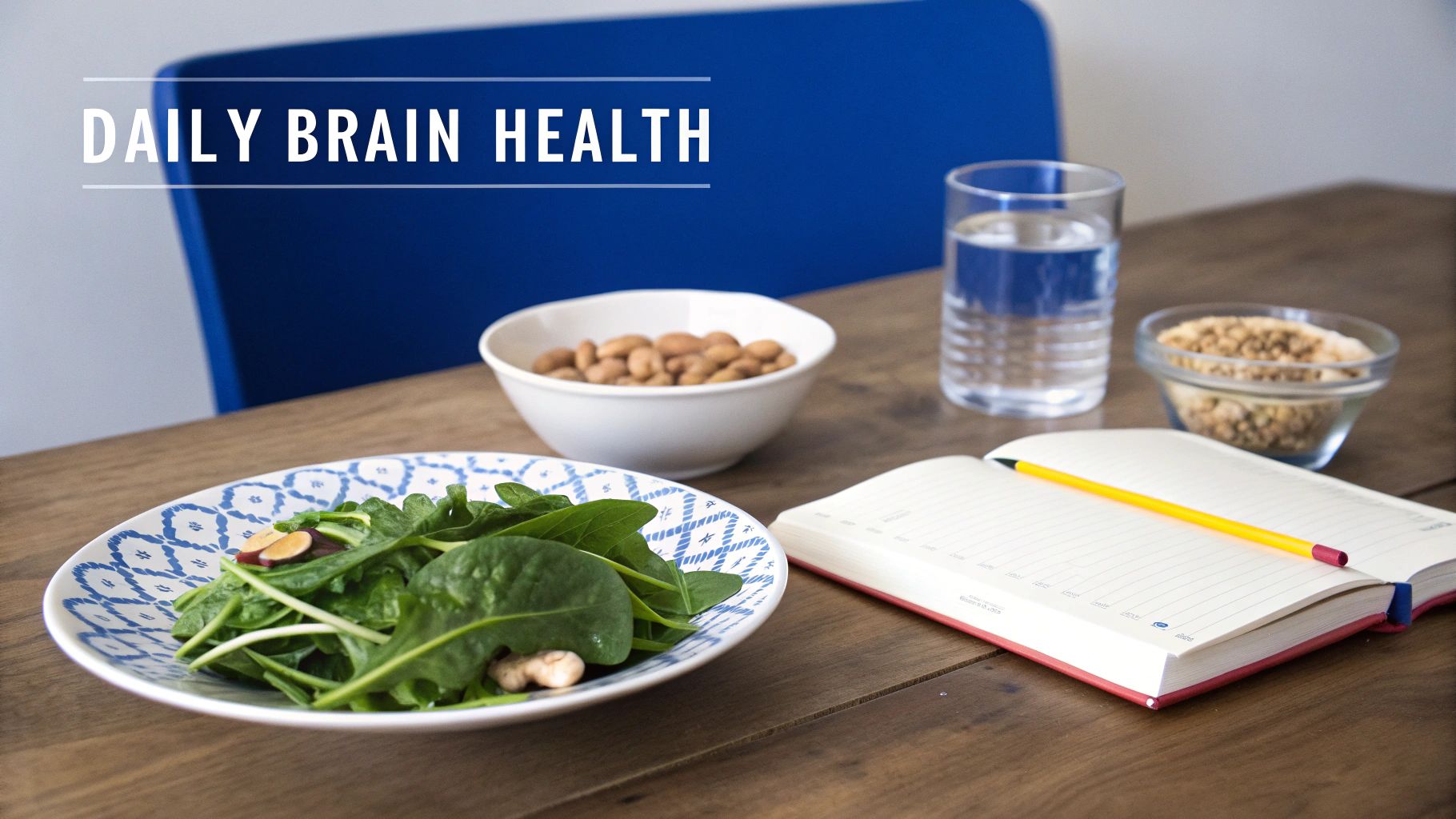 A healthy meal with salad, almonds, water, and a notebook promoting daily brain health.