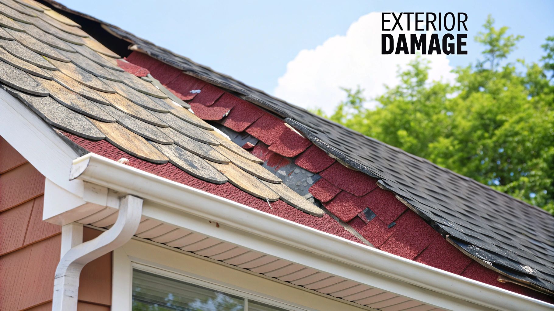 A roof with missing and damaged shingles