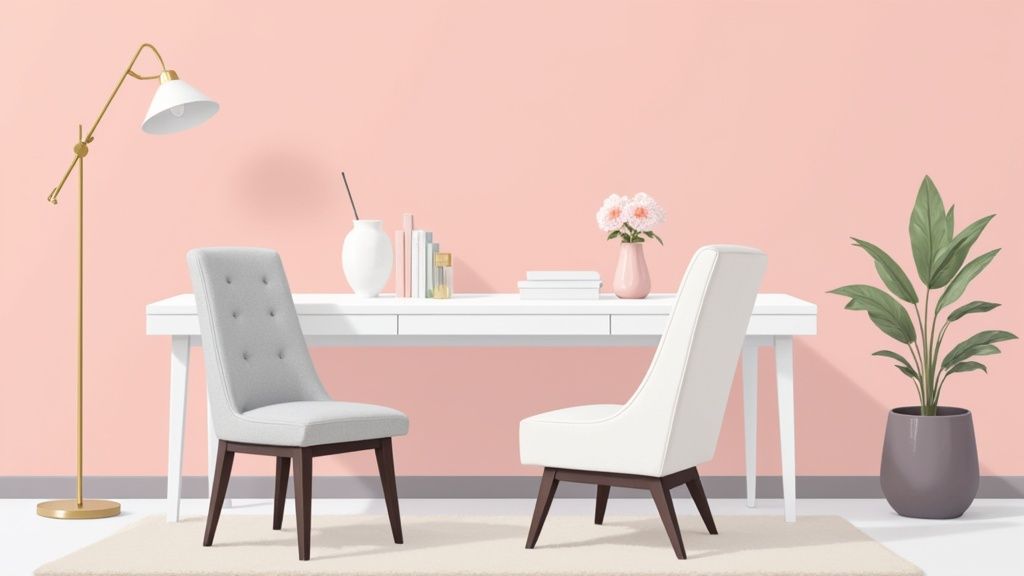 A chic home office with a soft blush pink accent wall, a white desk, a gold lamp, and a modern chair.