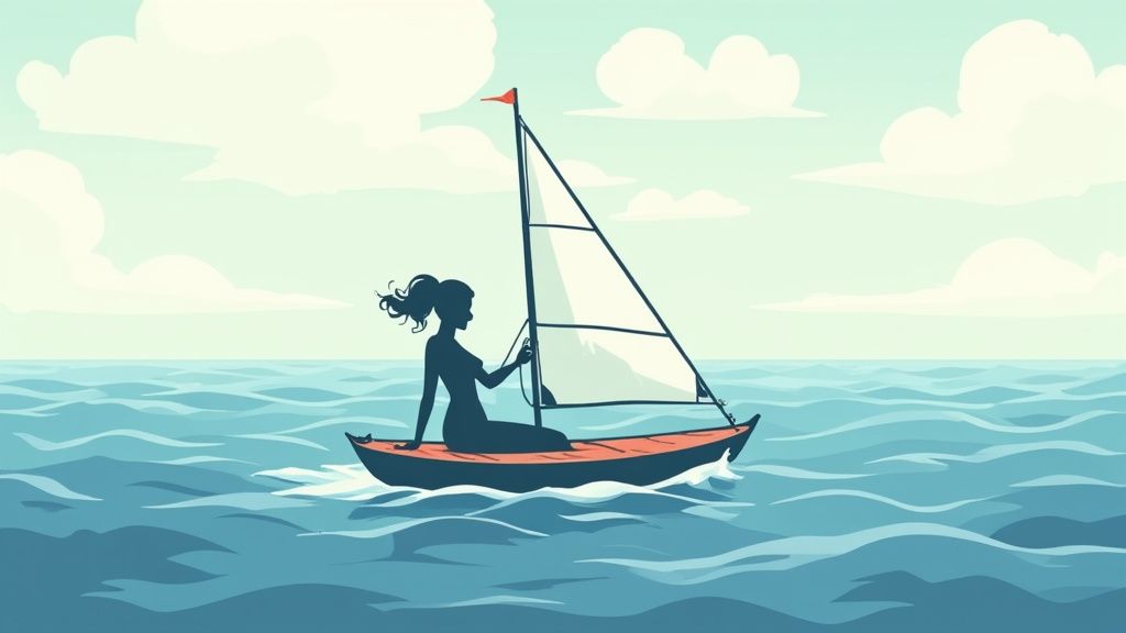 A stylized pink print of the quote "I am not afraid of storms, for I am learning how to sail my ship."