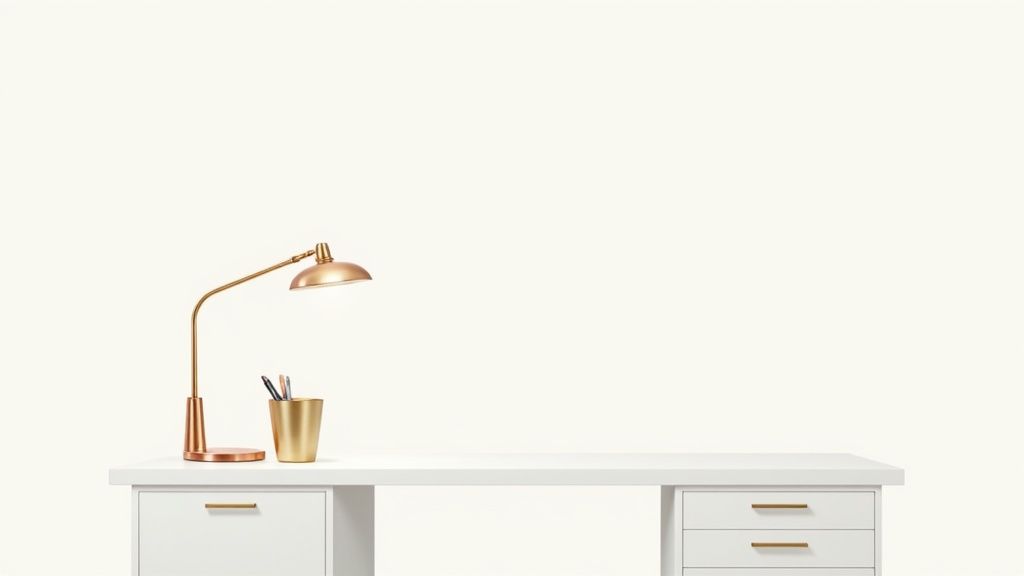 A feminine office desk with gold accessories, including a stapler, tape dispenser, and a lamp, set against a soft pink and white background.