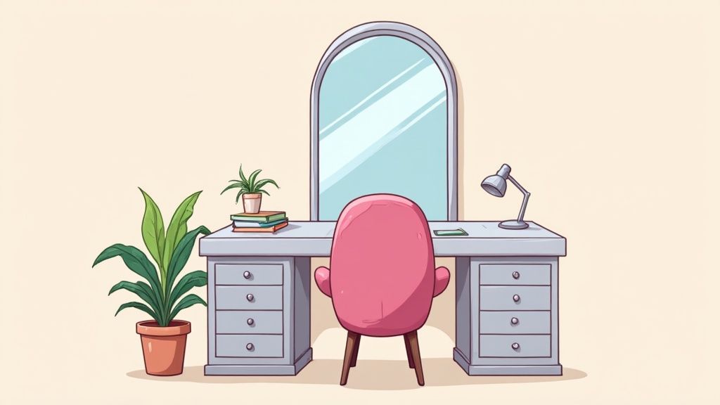 A glamorous home office featuring a mirrored desk, a fluffy pink chair, and gold accessories.