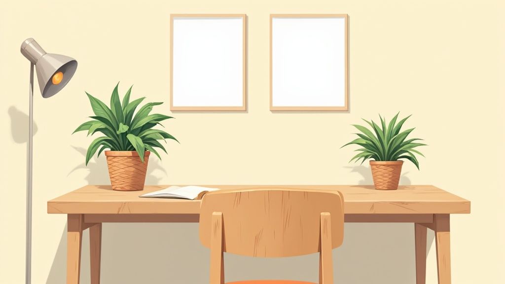 A feminine office with a variety of green plants, botanical wall art, and a light wood desk.
