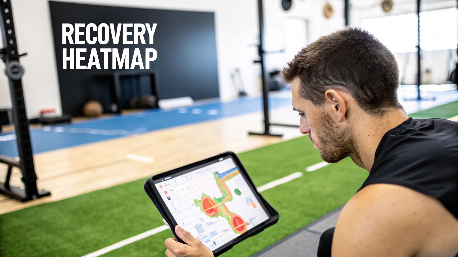 A man in a gym intently views a digital recovery heatmap on a tablet.