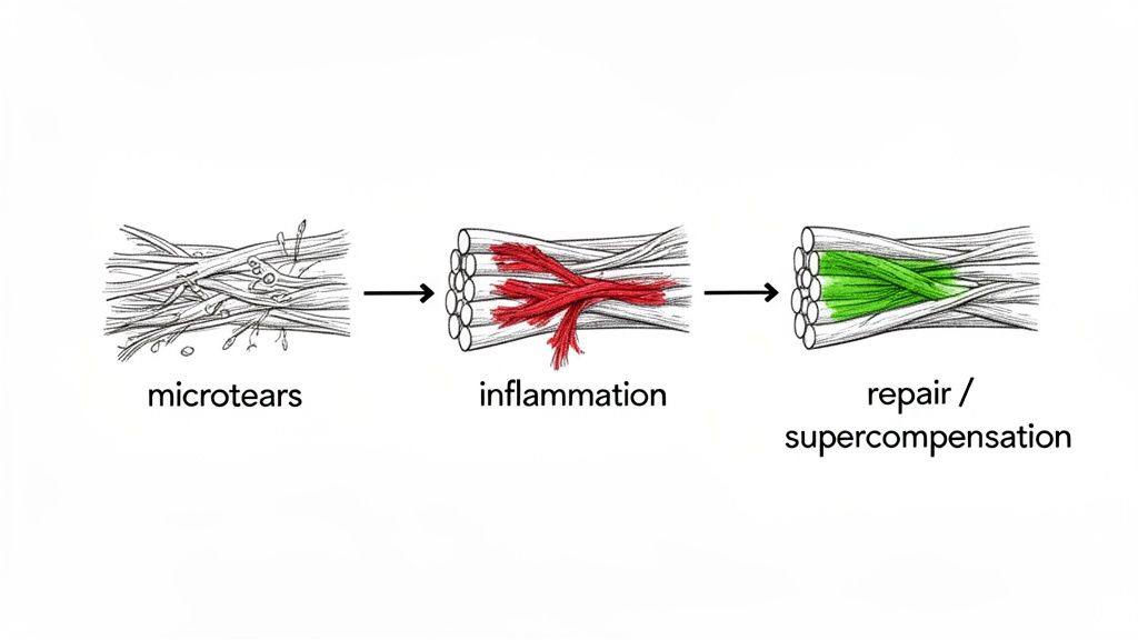 Diagram illustrating the stages of muscle recovery: microtears, inflammation, and subsequent repair or supercompensation.