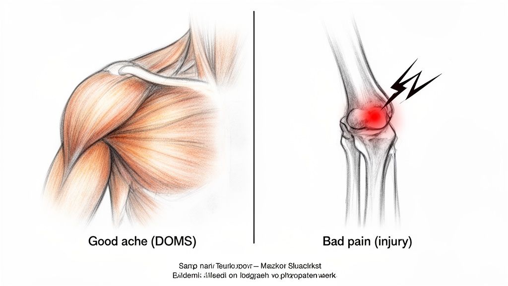Illustration comparing good muscle ache (DOMS) in a shoulder with bad pain (injury) in a knee.