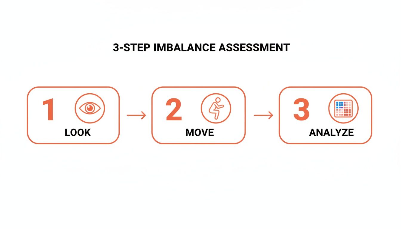 Infographic detailing a 3-step imbalance assessment: Look (eye), Move (squat), and Analyze (grid).