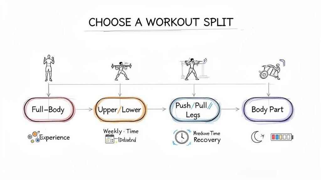A flowchart showing different workout splits: Full-Body, Upper/Lower, Push/Pull/Legs, and Body Part.