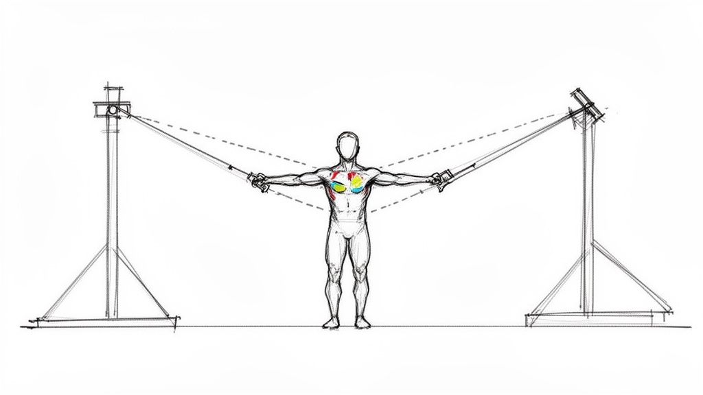 Illustration of a person doing cable crossovers, with chest muscles highlighted for exercise.