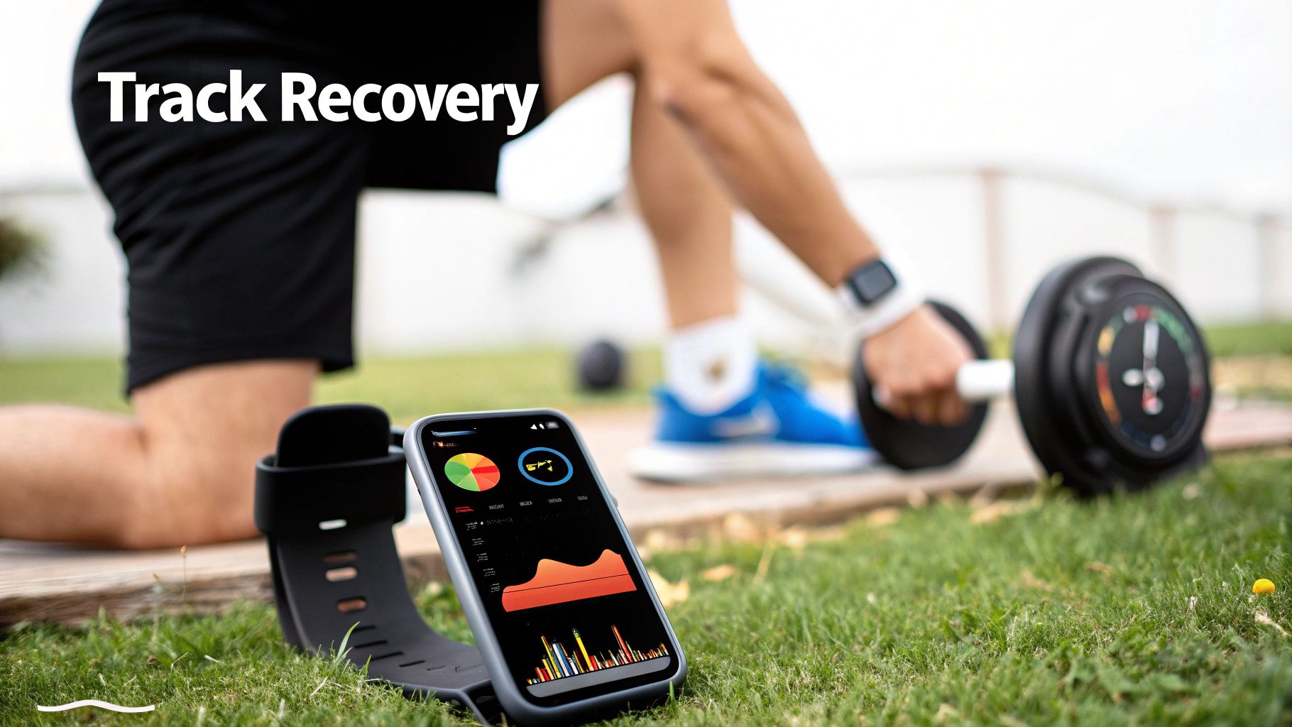 AI-powered workout app displaying recovery data on a smartphone during an outdoor workout with weights.