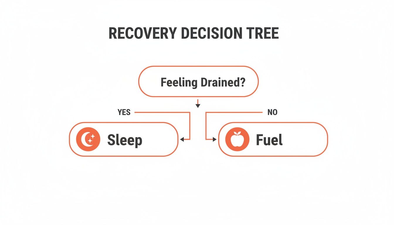A recovery decision tree flowchart showing if feeling drained, choose sleep; otherwise, choose fuel.