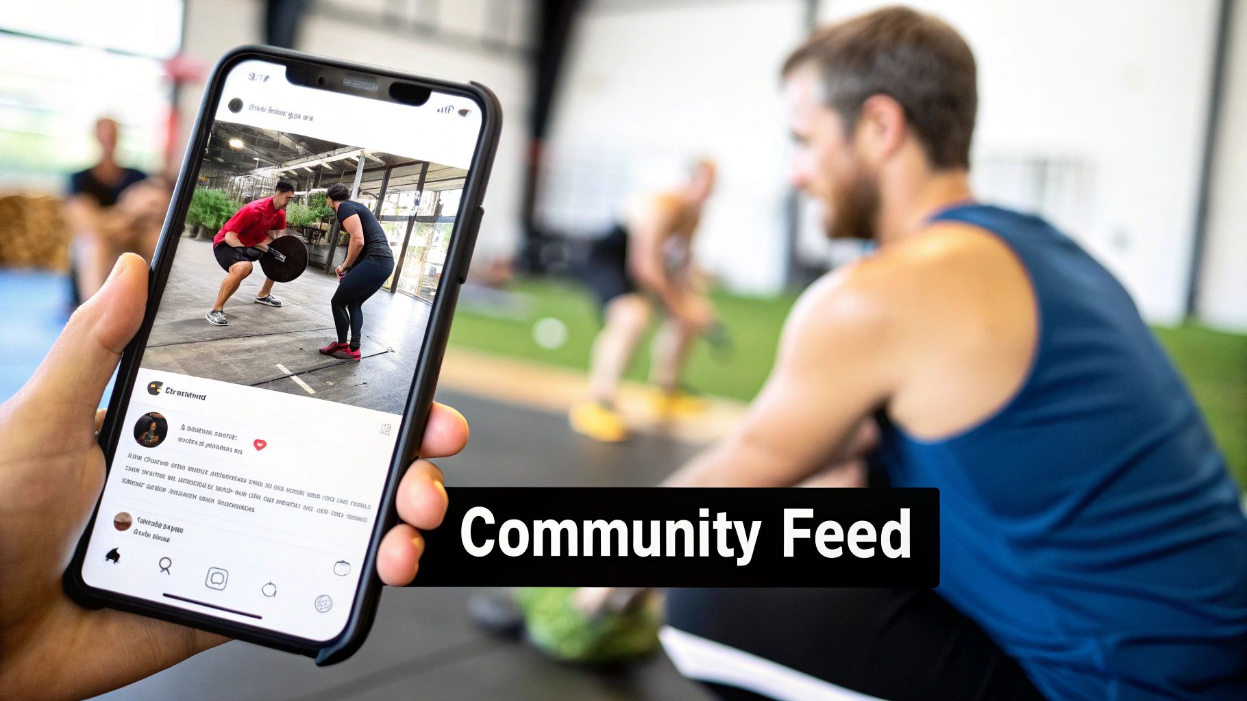 A hand holds a smartphone displaying a workout video in a gym with people exercising.