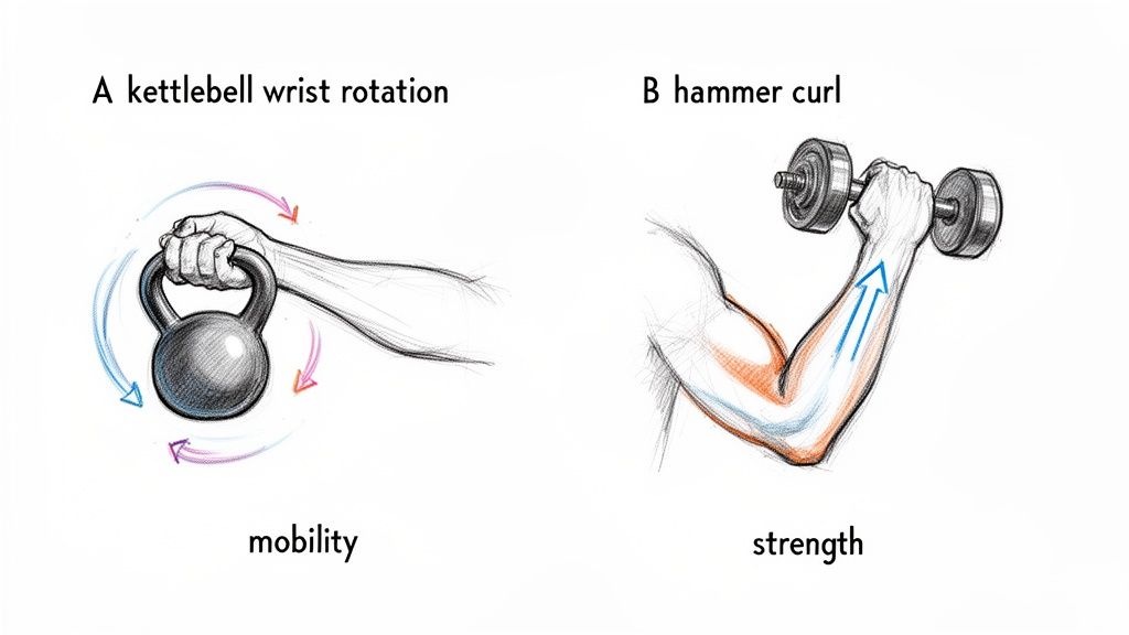 Illustrations showing a kettlebell wrist rotation for mobility and a dumbbell hammer curl for strength.