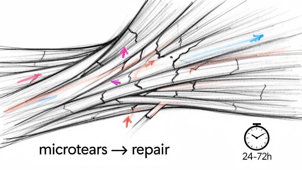 Diagram illustrating muscle microtears and the repair process, indicating a 24-72 hour recovery period.