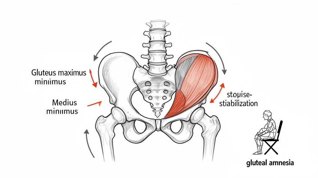 Anatomical illustration of the human pelvis showing gluteal muscles and their role in hip stability.
