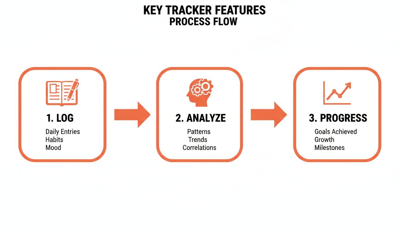 Process flow diagram of a tracker's features, detailing log, analyze, and progress steps.