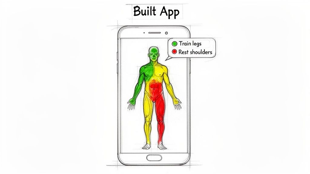 Smartphone app displaying a color-coded human body indicating muscle readiness for training.