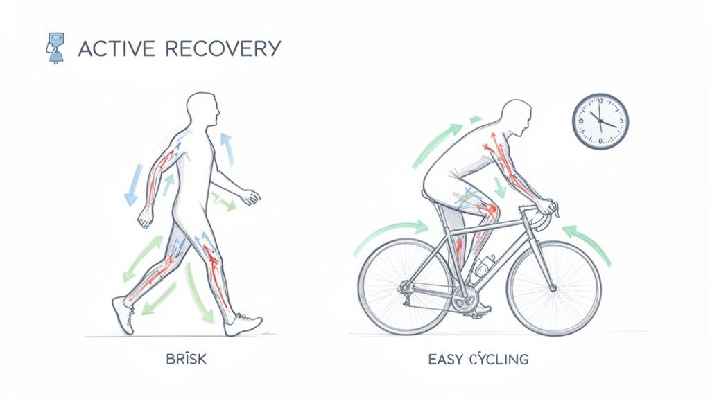 Illustrations demonstrate active recovery via brisk walking and easy cycling, showing enhanced blood circulation for muscle recovery.