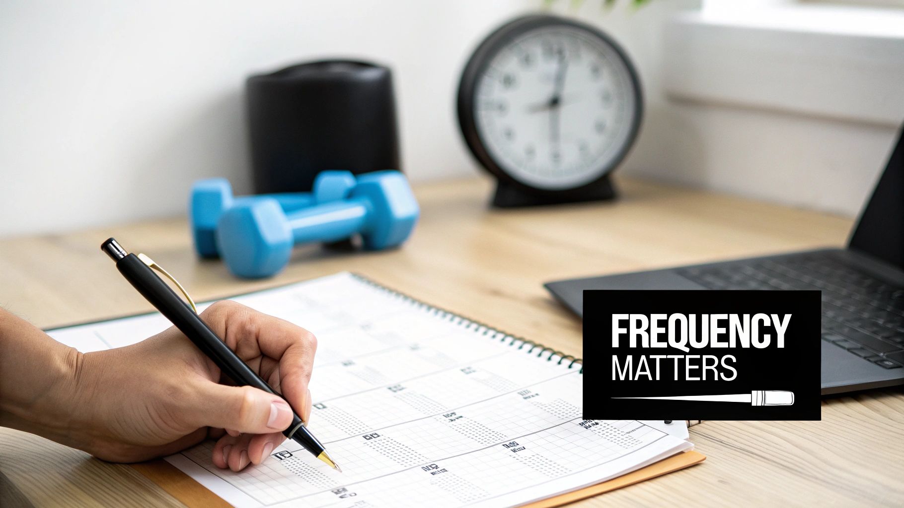 A hand writes on a calendar next to dumbbells, a clock, and a laptop, emphasizing 'Frequency Matters'.