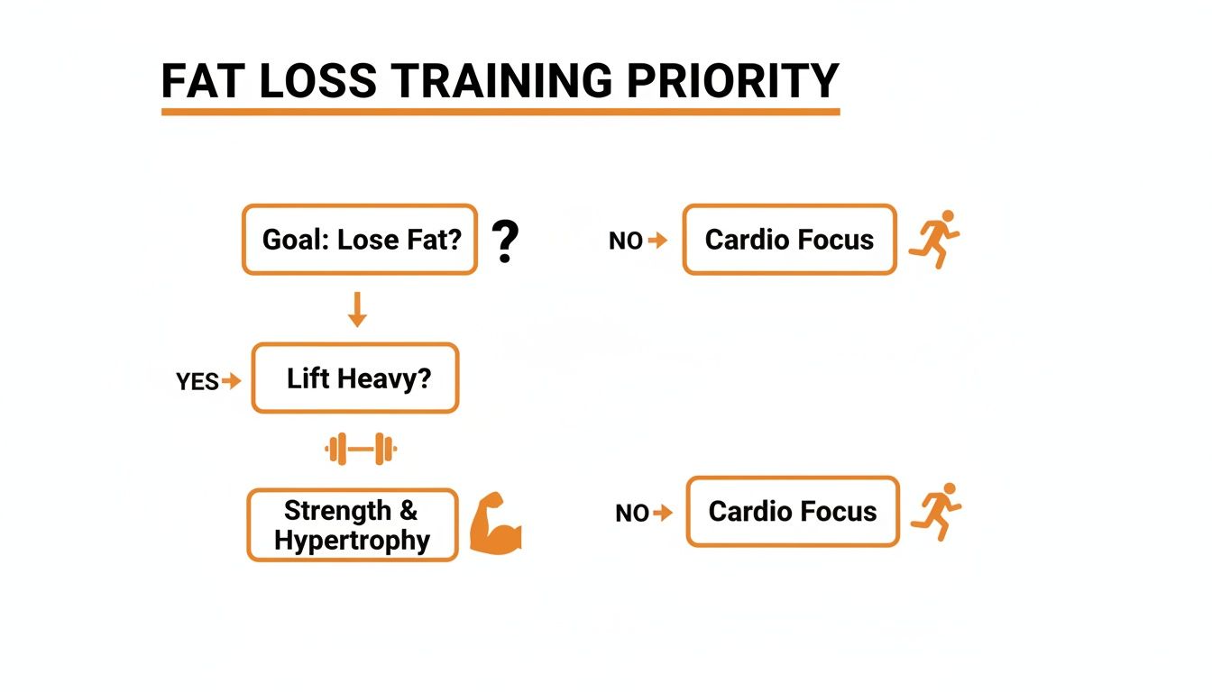 Flowchart detailing fat loss training priority, guiding users on whether to lift heavy or focus on cardio.