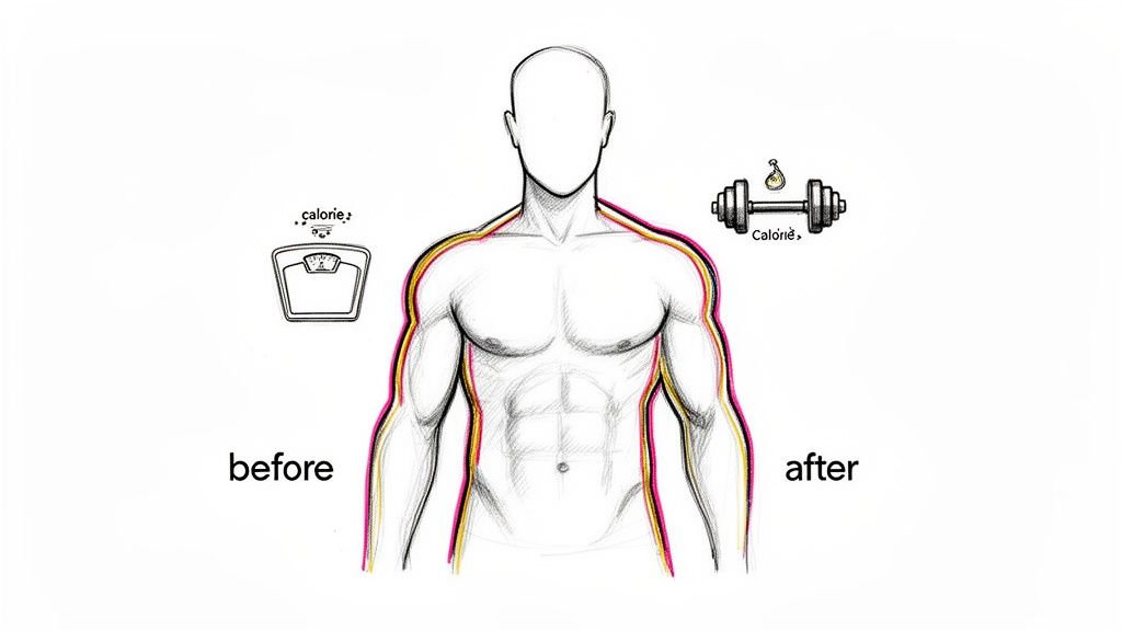 Illustration depicting a male body's transformation, from a 'before' (scale) to a muscular 'after' (dumbbell) state.
