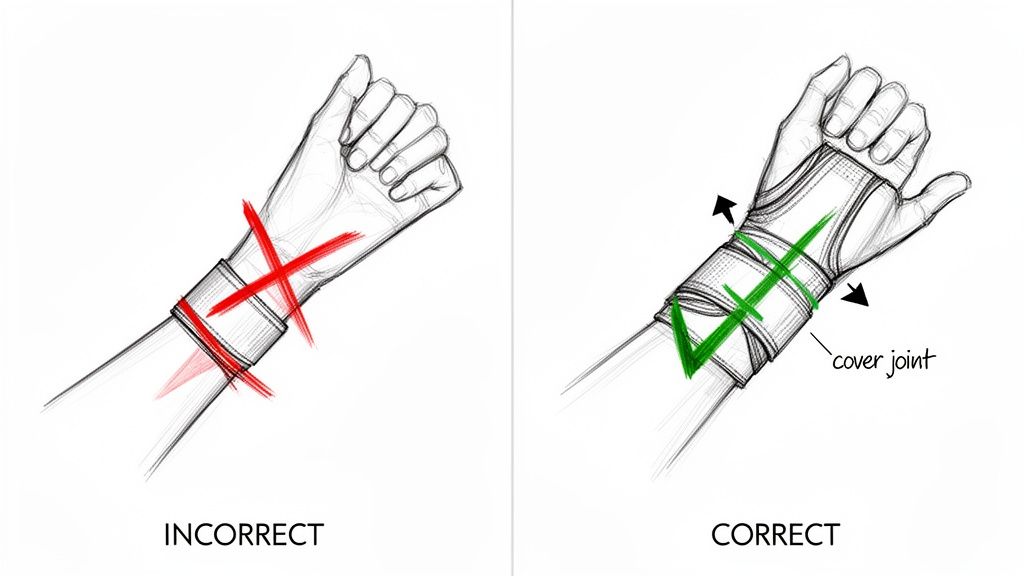 Diagram showing correct and incorrect ways to wear a wrist wrap, emphasizing covering the wrist joint.