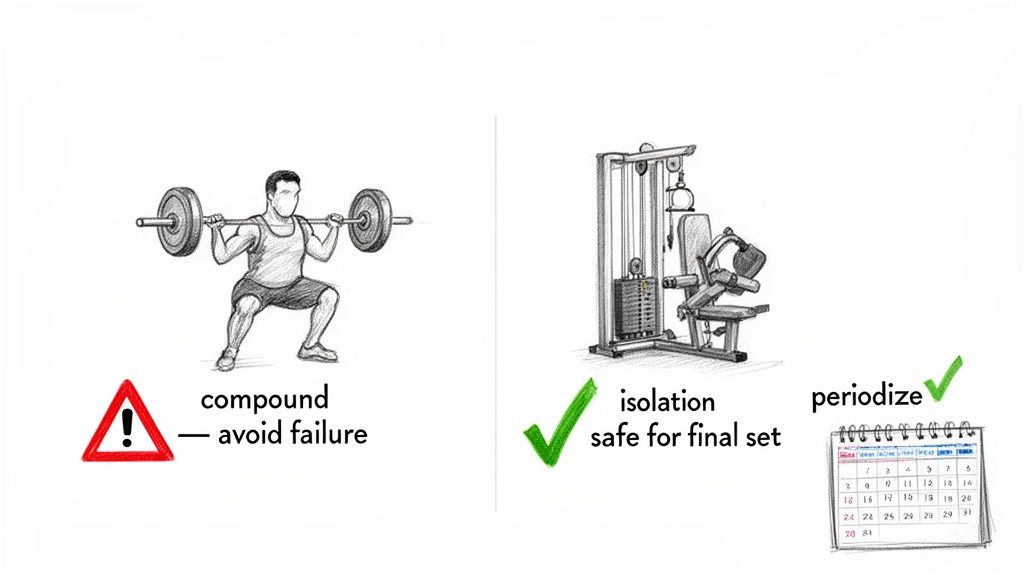 Illustration contrasting exercise principles: compound lifts avoiding failure, isolation for final sets, and periodization.