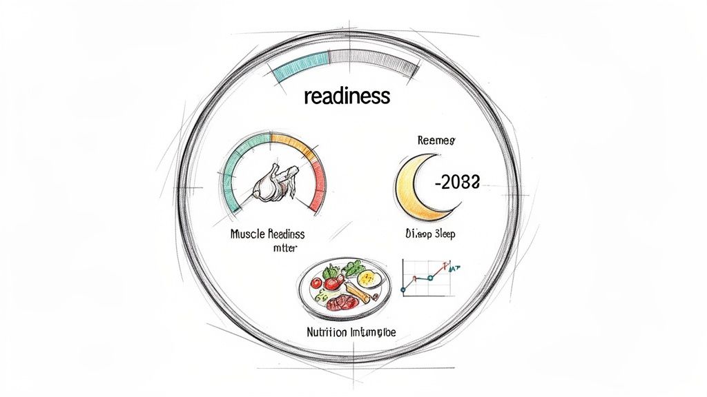 A hand-drawn sketch of a circular dashboard displaying readiness metrics for muscle, sleep, and nutrition intake.