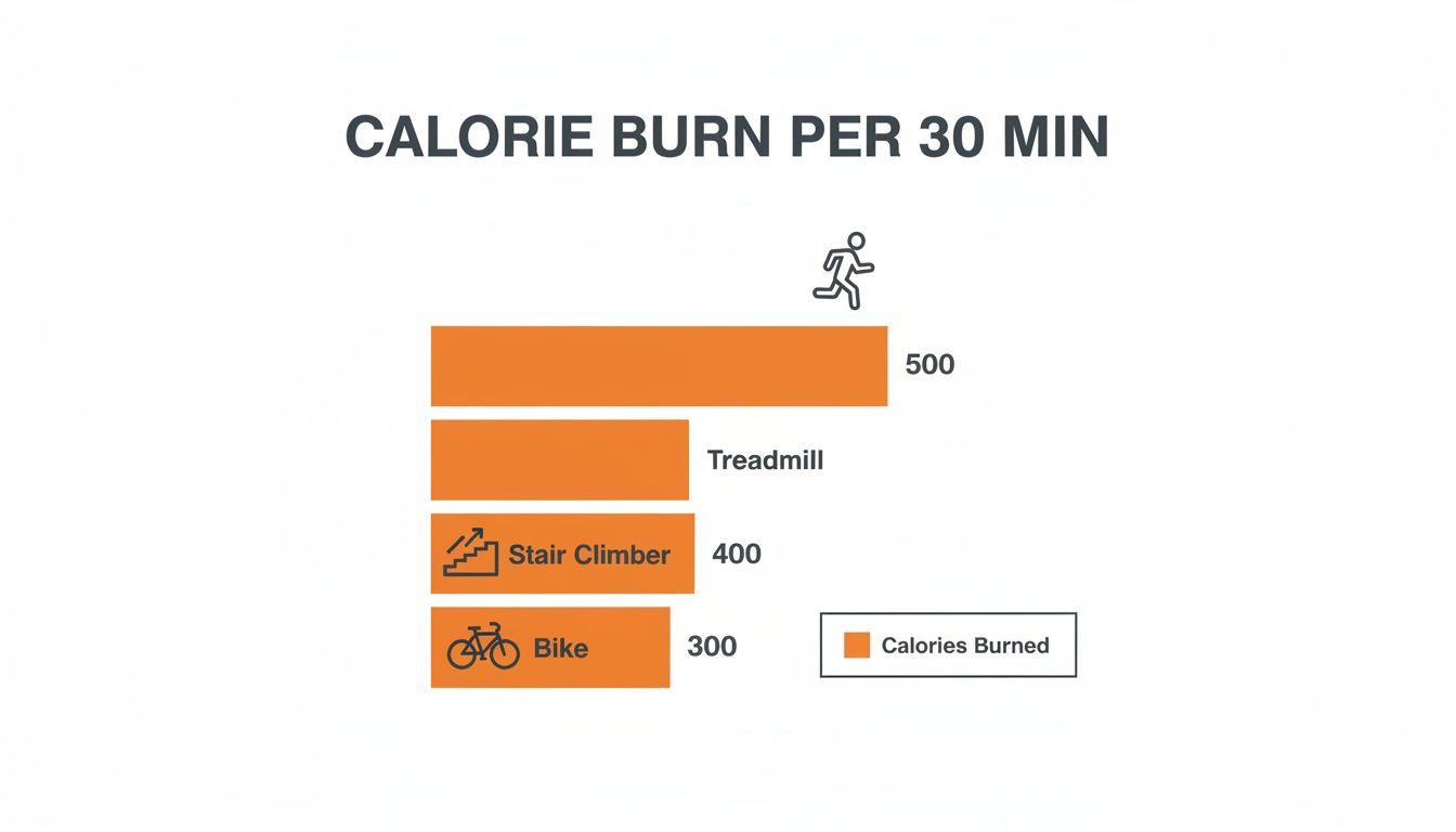Bar chart comparing calorie burn per 30 minutes for running, treadmill, stair climber, and biking.