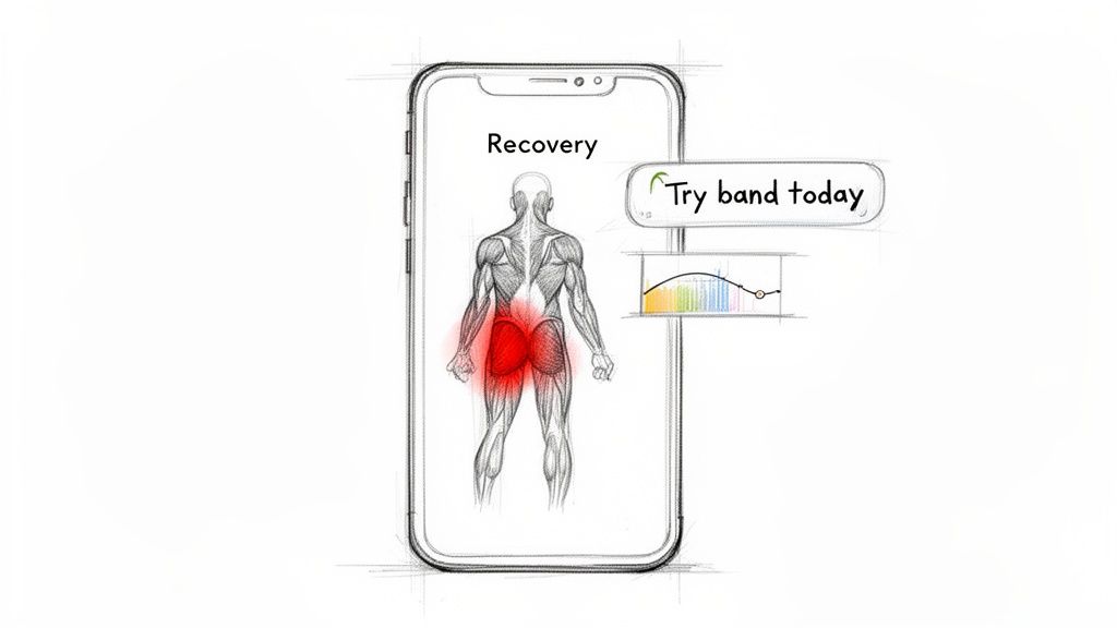 Smartphone app sketch: human back anatomy with highlighted pain, "Recovery" status, and "Try band today" prompt.