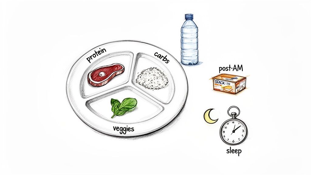 A visual guide showing a balanced meal plate with protein, carbs, veggies, water, a post-AM snack, and sleep.