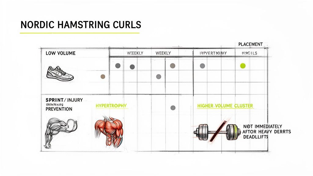A detailed training guide for Nordic Hamstring Curls, showing programming for low volume, sprint/injury prevention, hypertrophy, and placement guidelines.