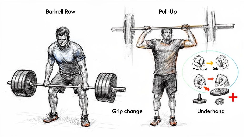 Illustration showing barbell row and pull-up exercises with overhand and underhand grip changes.
