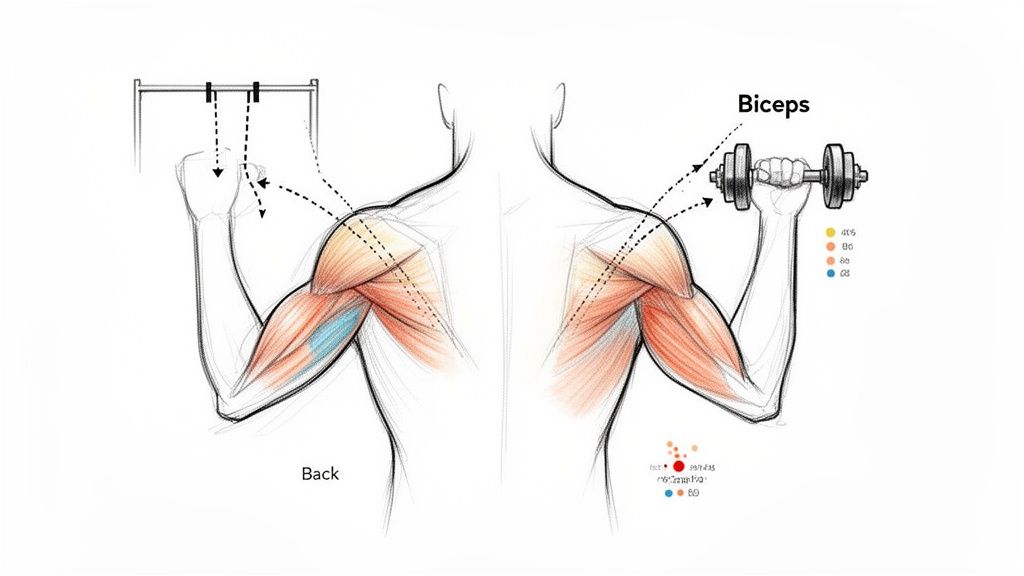Anatomy diagram illustrating back and bicep muscle activation during pull-ups and dumbbell curls.