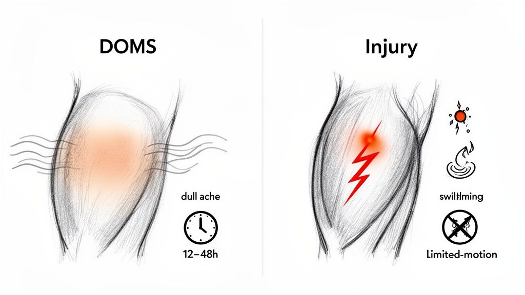 Visual guide distinguishing DOMS (dull ache, delayed) from acute muscle injury (sharp pain, swelling, limited motion).