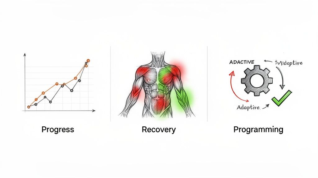 Three panels illustrating gym workout concepts: progress graph, muscle recovery diagram, and adaptive programming cycle.