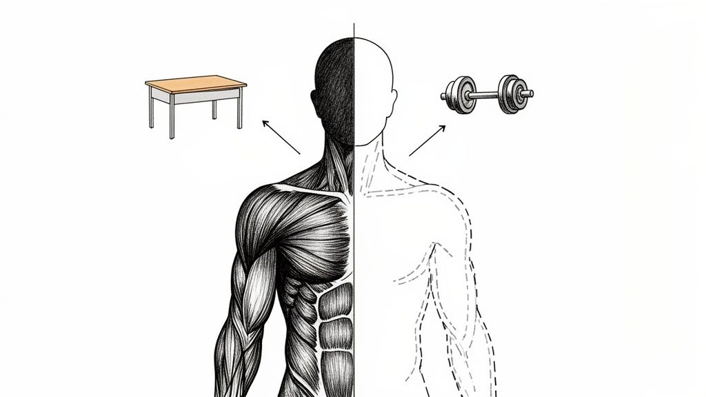 Illustration contrasting a muscular body side associated with a desk, and an undeveloped side with a dumbbell.